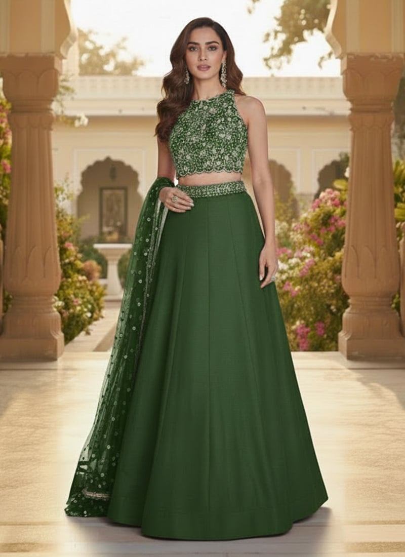 Green Silk Zari Sequins Hand Embroidered A Line Lehenga Wedding Wear