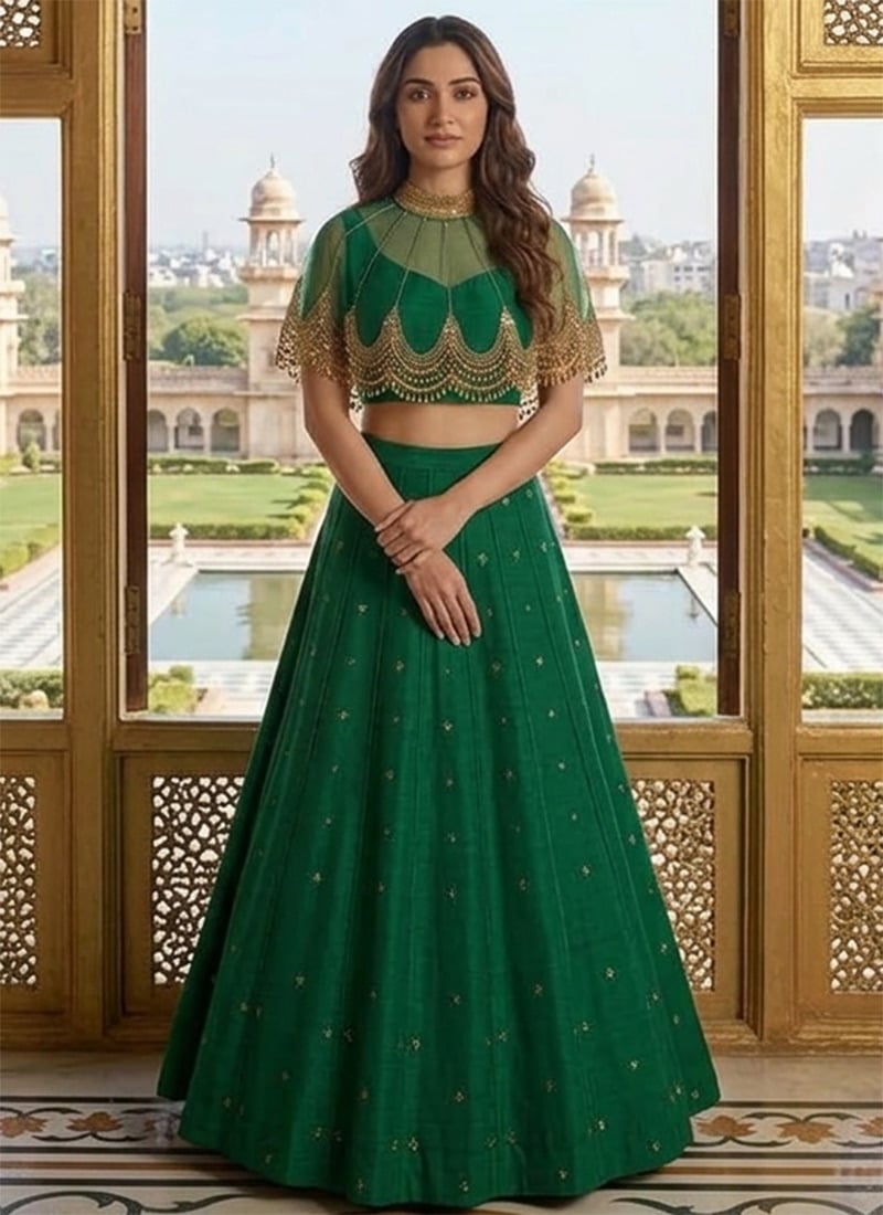 Green Silk Zari Sequins Hand Embroidered Cape Skirt Set Wedding Wear