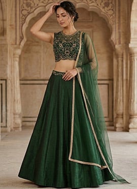 Green Silk Zari Sequins Hand Embroidered Lehenga