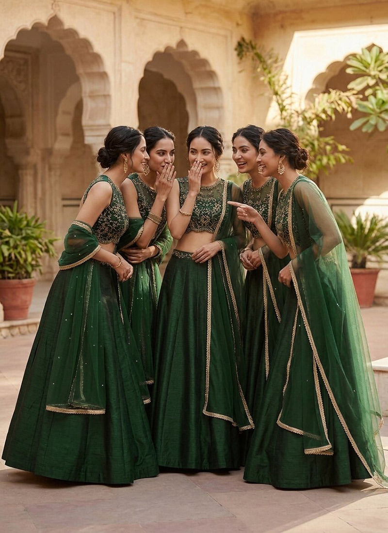Green Silk Zari Sequins Hand Embroidered Lehenga Wedding Wear