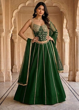 Green Silk Zari Sequins Lehenga