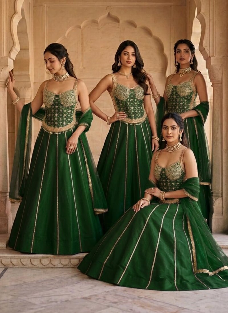 Green Silk Zari Sequins Lehenga Wedding Wear