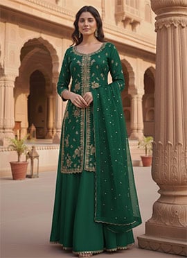 Green Silk Zari Sequins Long Choli Style Lehenga Set
