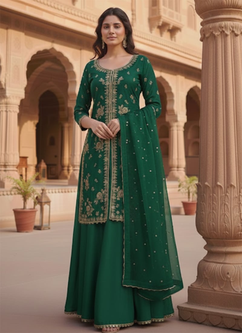Green Silk Zari Sequins Long Choli Style Lehenga Set Festive Wear