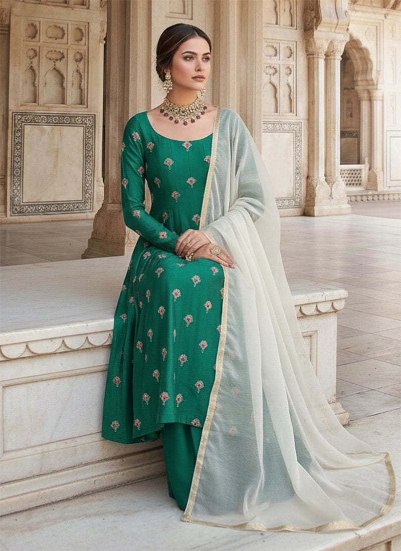 Green Silk Zari Sequins Palazzo Suit Wedding Wear