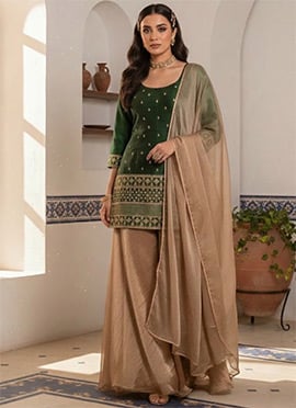 Green Silk Zari Sequins Palazzo Suit