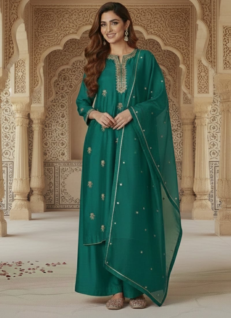 Teal Silk Zari Sequins Palazzo Suit Festive Wear