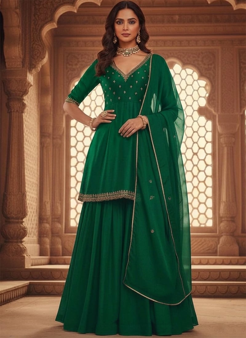 Green Silk Zari Sequins Sharara Suit Festive Wear