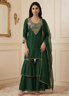 Green Silk Zari Sequins Sharara Suit