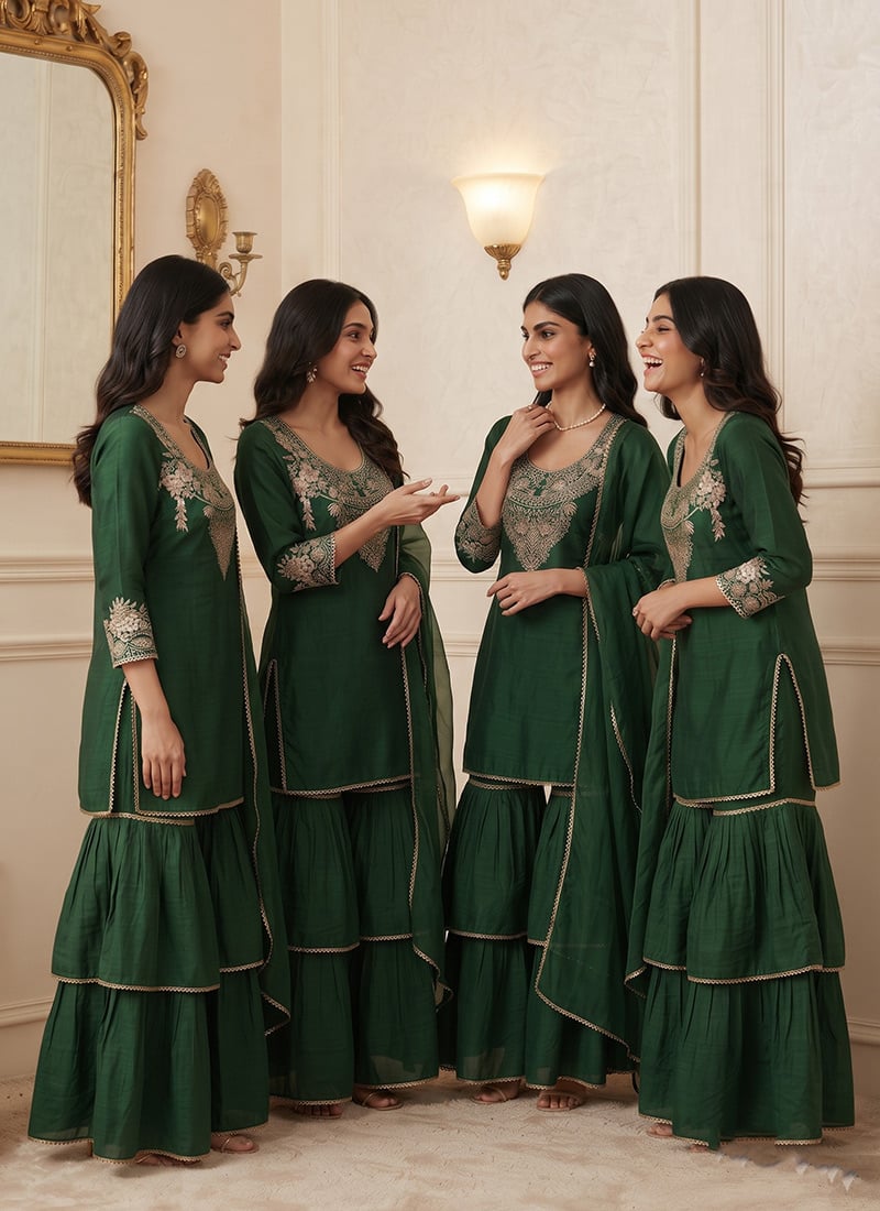 Green Silk Zari Sequins Sharara Suit After Six Wear