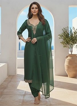 Green Silk Zari Sequins Straight Pant Suit