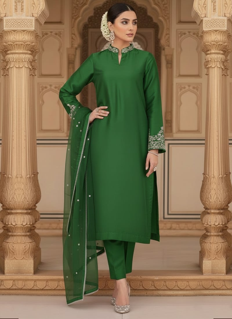 Green Silk Zari Sequins Straight Pant Suit Festive Wear