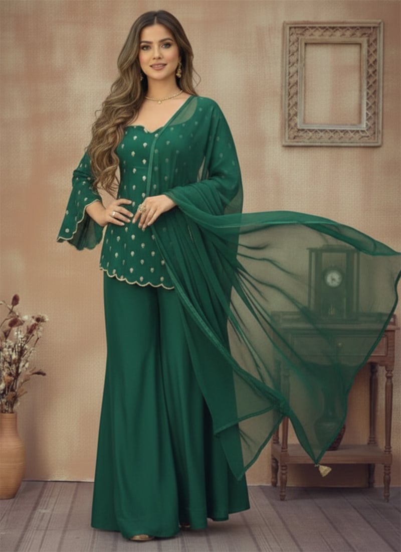 Green Silk Zari Sequins Traditional Palazzo Suit Festive Wear
