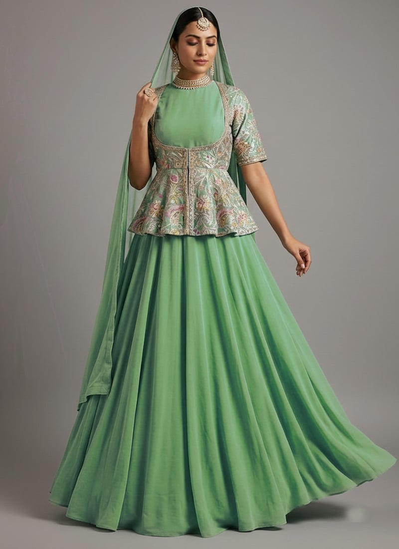 Green Silk Zari Sequins Umbrella Lehenga Festive Wear