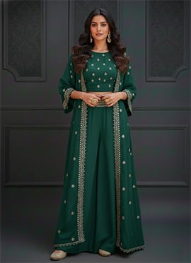 Green Silk Zari Sequins Work Indowestern Jacket Skirt Set