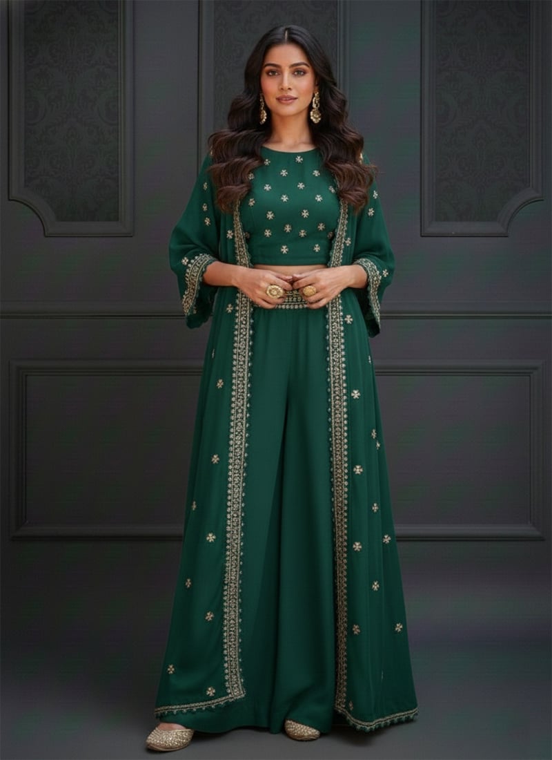 Green Silk Zari Sequins Work Indowestern Jacket Skirt Set After Six Wear