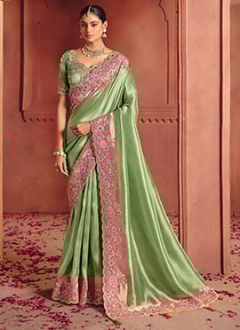 Green Silk Zari Woven Embroidered Sequins Saree