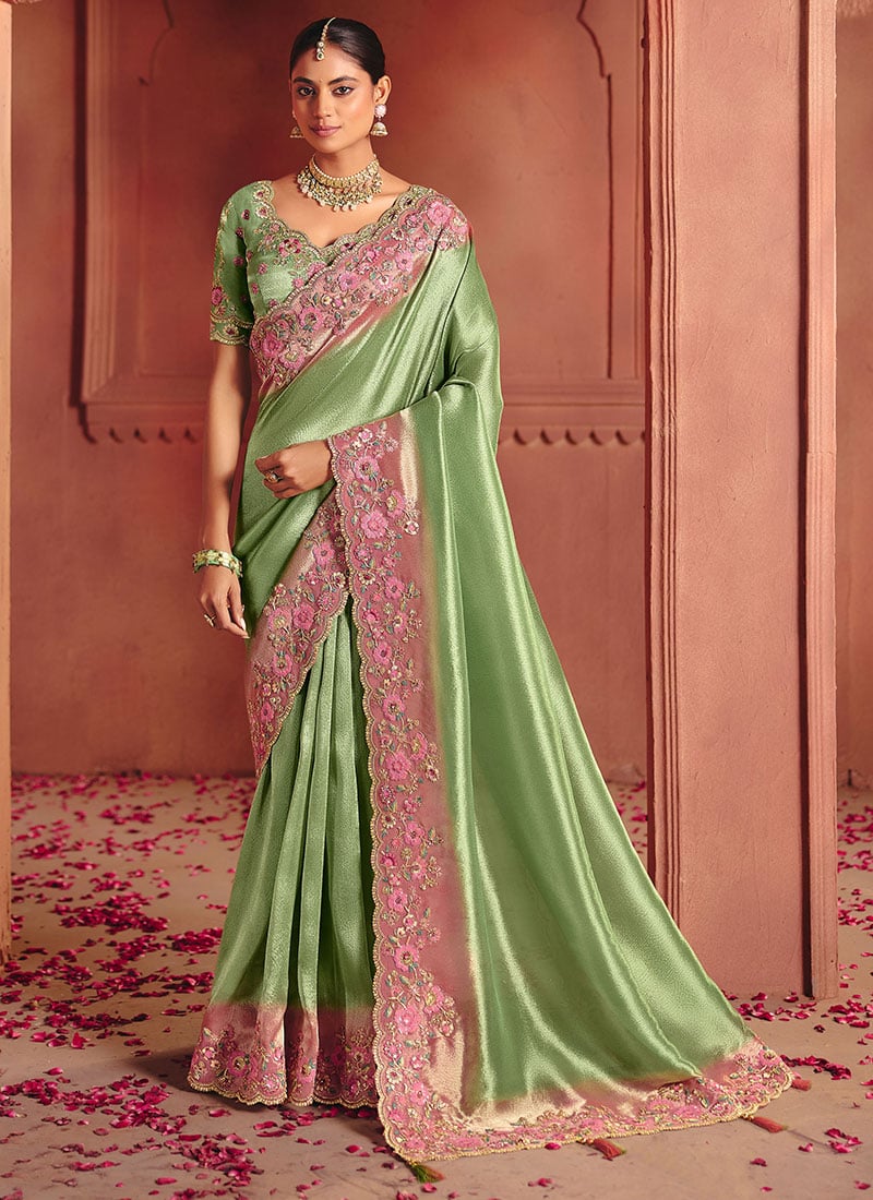 Green Silk Zari Woven Embroidered Sequins Saree Wedding Wear