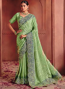 Green Silk Zari Woven Embroidered Sequins Saree