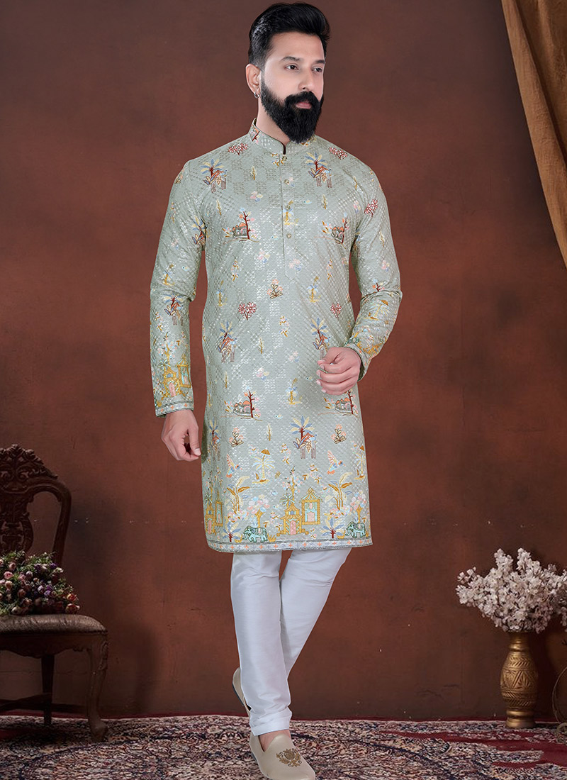 Green Soft Cotton Embroidered Kurta Pyjama Festive Wear