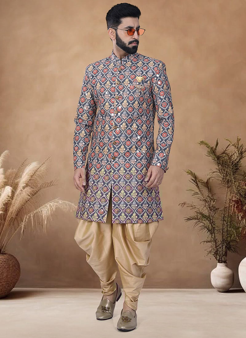 Green Soft cotton Embroidered Sequins Indowestern Sherwani Wedding Wear