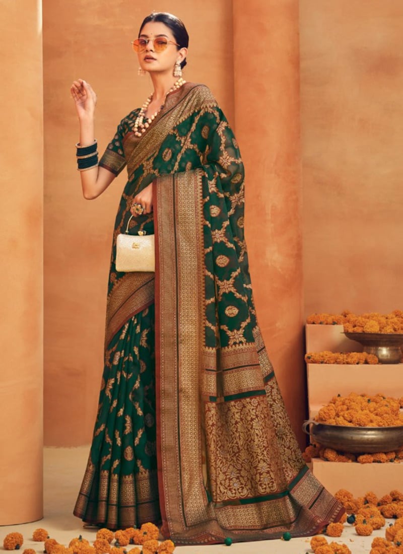 Green Soft Cotton Silk Zari Work Saree Festive Wear