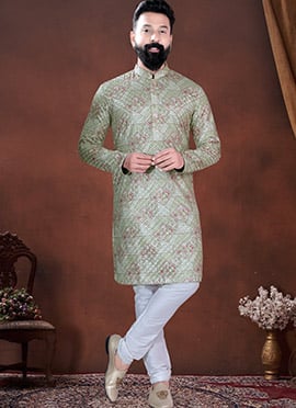 Green Soft Cotton Thread Embroidered Sequins Printed Kurta Pyjama