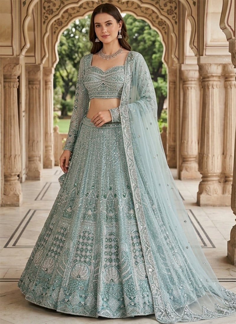 Green Soft Net Embroidery Sequins Lehenga Wedding Wear