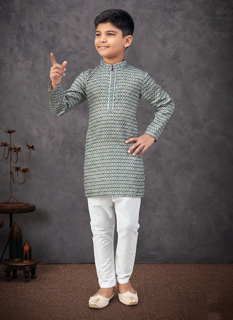 Green Soft Rayon Printed And Embroidered Boys Kurta Pyjama Festive Wear