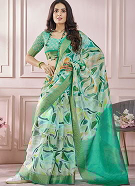 Green Soft Silk Printed Zari Woven Saree