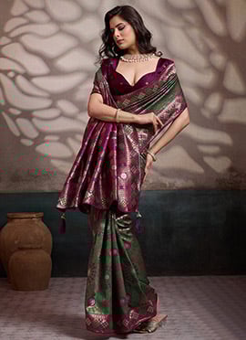 Green Soft Silk Zari Jacquard With Meenakari Woven Print Saree