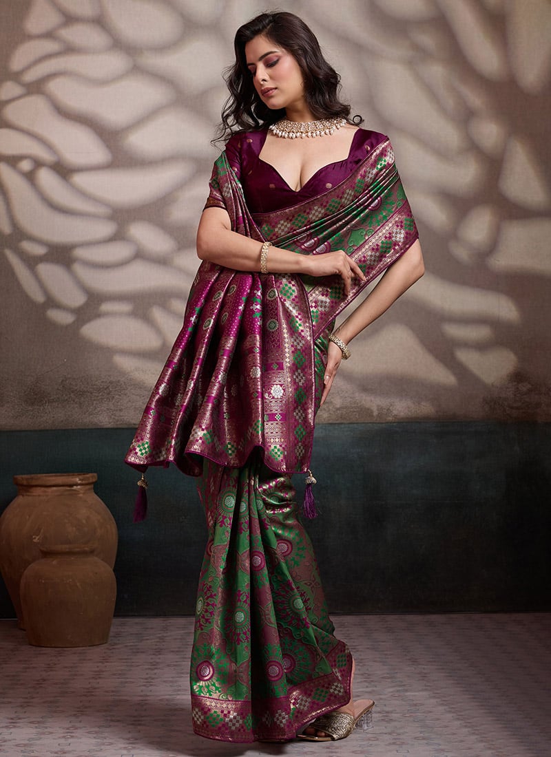 Green Soft Silk Zari Jacquard With Meenakari Woven Print Saree Festive Wear