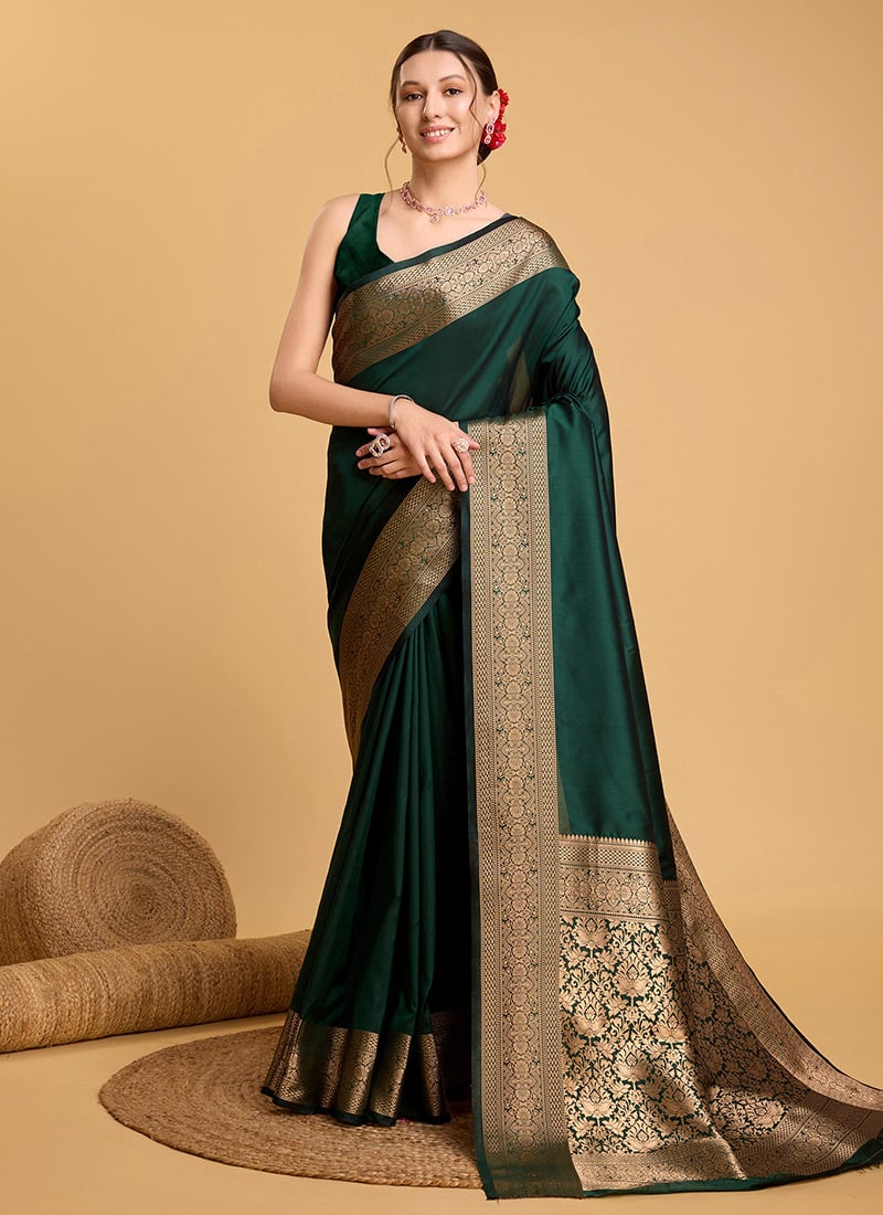 Green Soft Silk Zari Woven Classy Saree Festive Wear