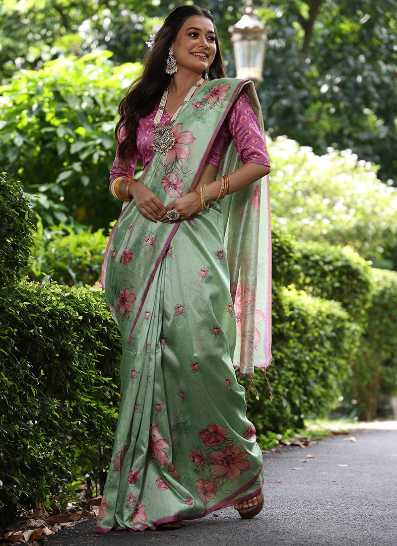 Green Soft Tussar Silk Floral Digital Print Saree Festive Wear-SASRF28714