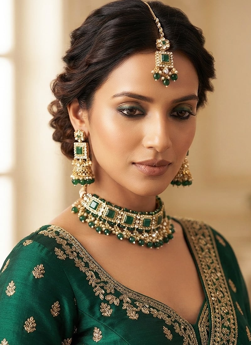 Green Square Kundan Bead Bridal Choker Set With Jhumka And Maangtikka