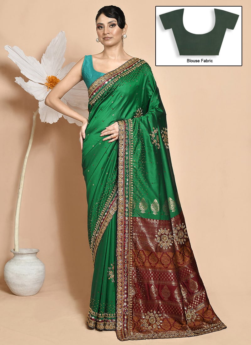 Green Stain Silk Hand Embroidered Saree Wedding Wear