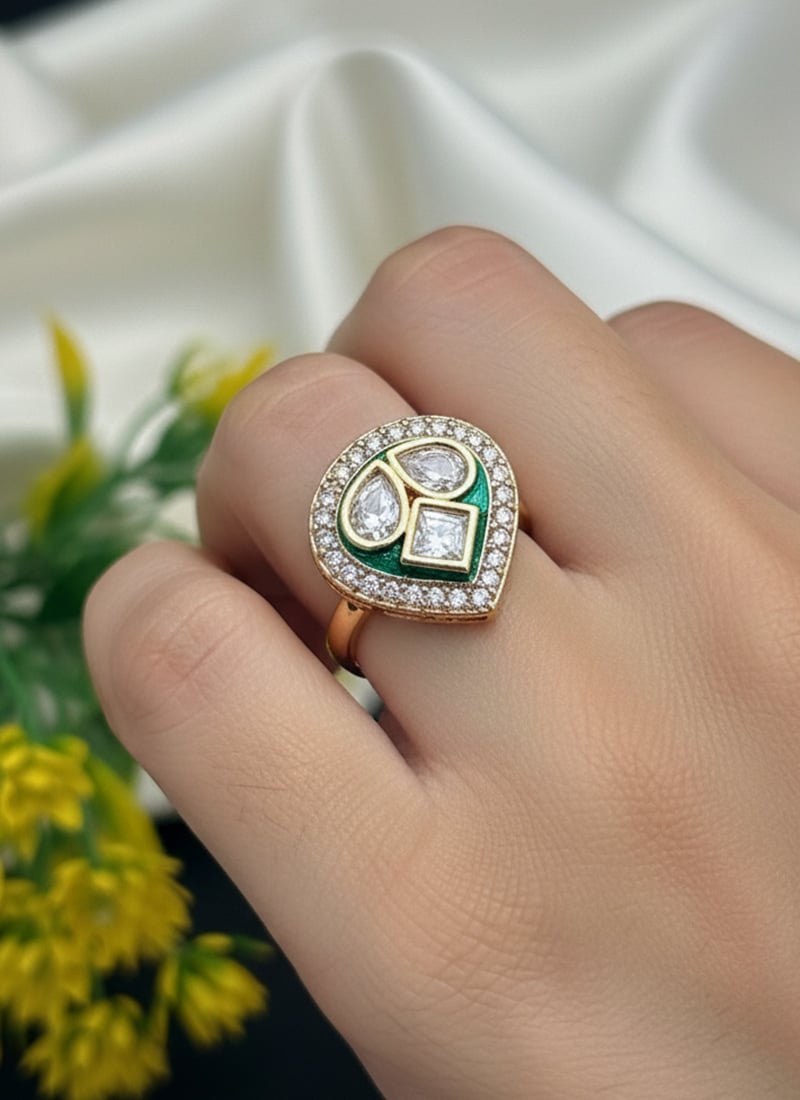 Green Stone And Kundan Work Hand Ring For Women Festive Wear