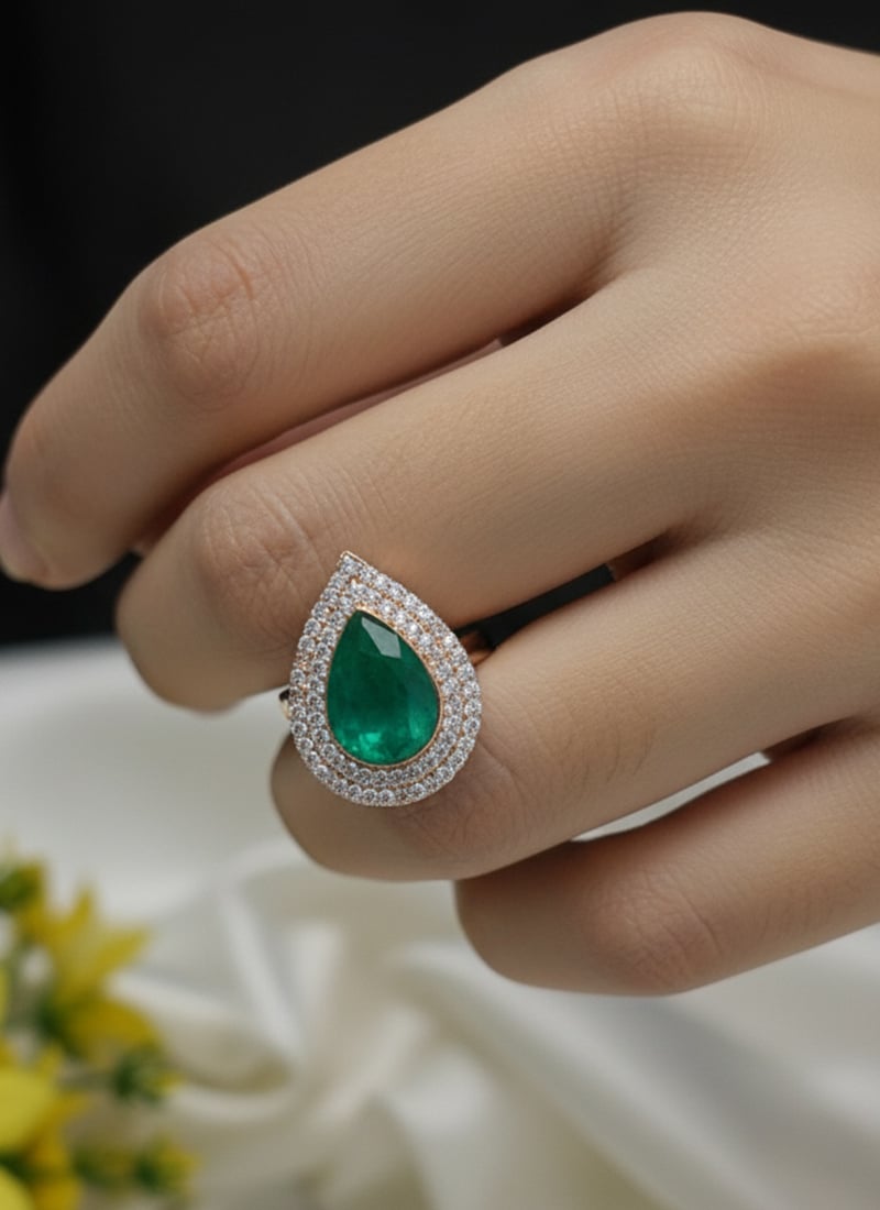 Green Stone And Kundan Work Hand Ring For Women Festive Wear