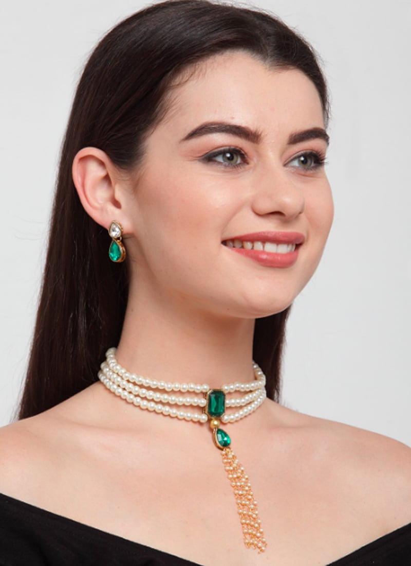 Green Stone Pearl Gold Plated Choker Set