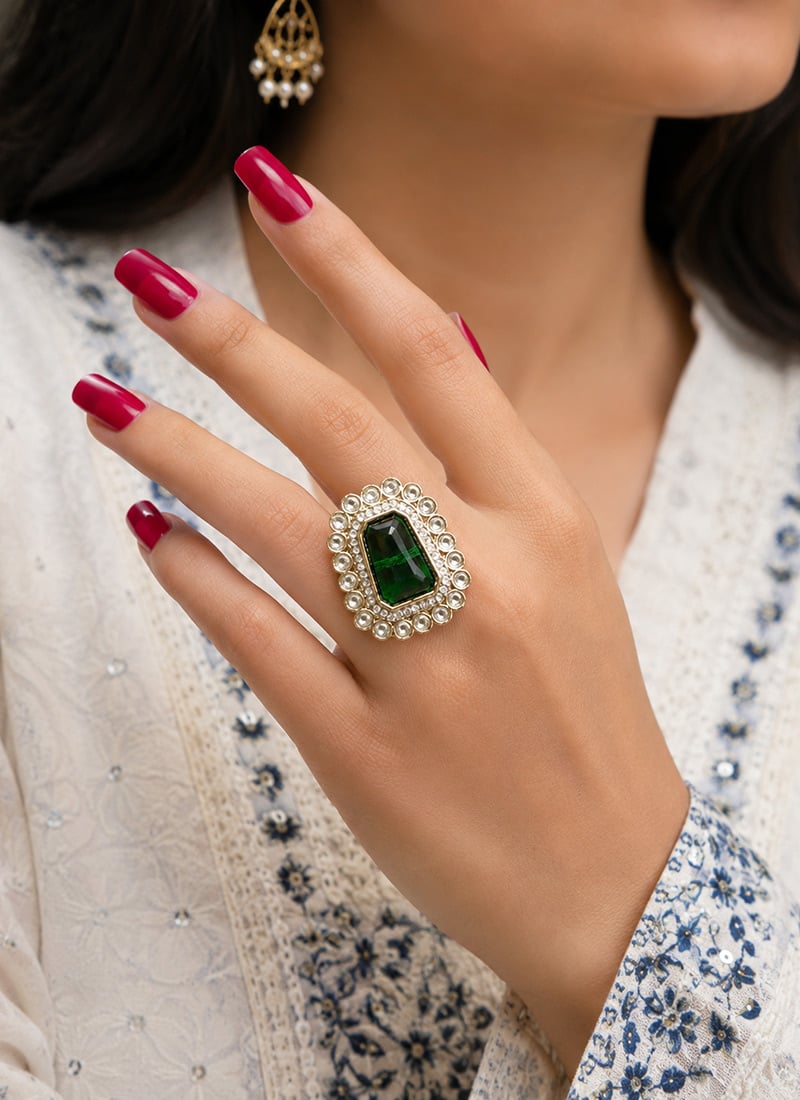 Green Stone Studded Statement Adjustable Ring After Six Wear