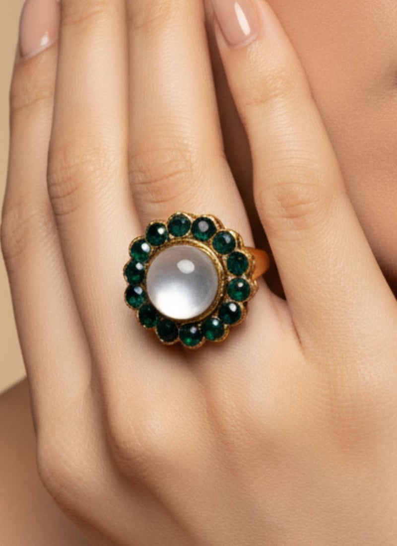 Green Stones Kundan Ring Festive Wear