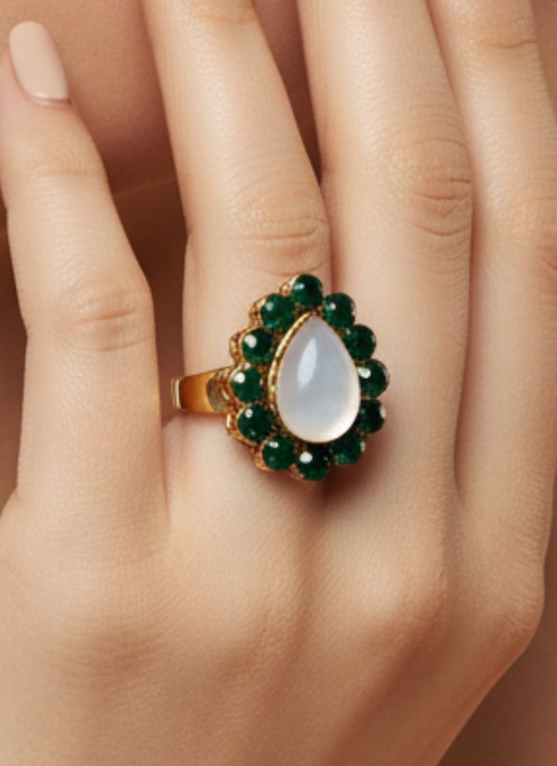 Green Stones Kundan Ring Festive Wear