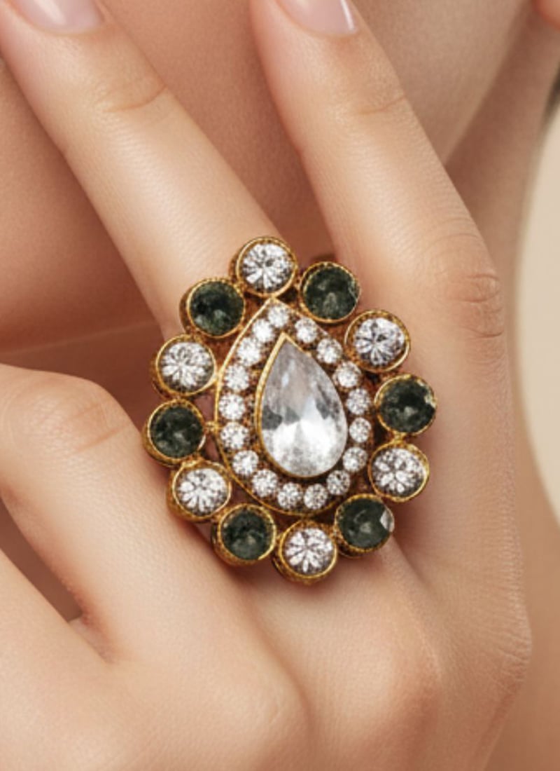 Green Stones Kundan Ring Festive Wear