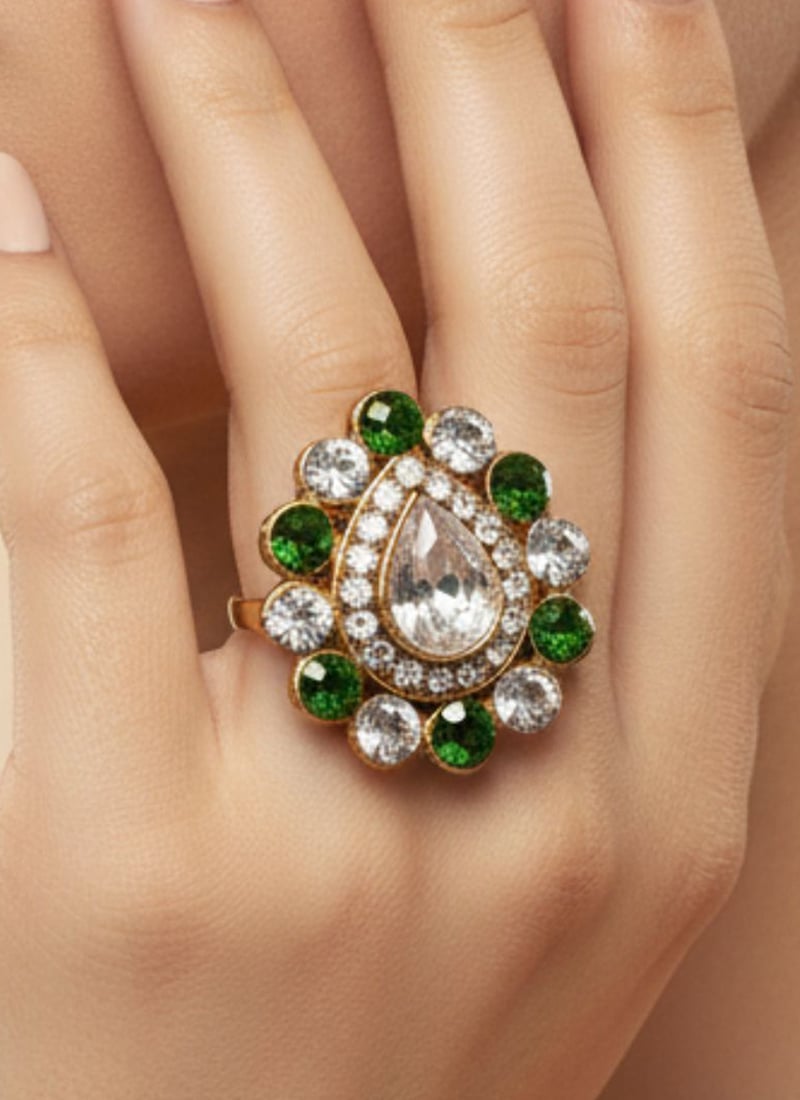 Green Stones Kundan Ring Festive Wear
