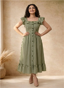 Green Striped Printed Cotton Ruffle Midi Dress