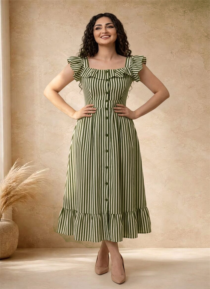 Green Striped Printed Cotton Ruffle Midi Dress After Six Wear