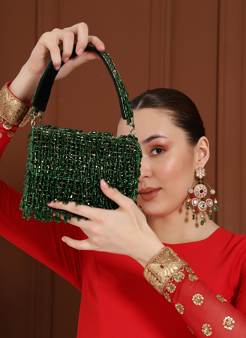 Green Suede Clutch Embossed With Crystals And Beads Party Wear