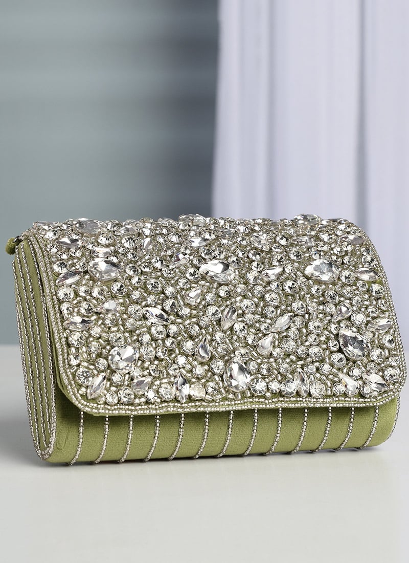 Green Suede Crystals Clutch Party Wear