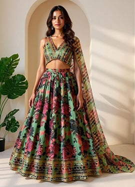Green Tabby Organza Digital Print Sequins Umbrella Lehenga