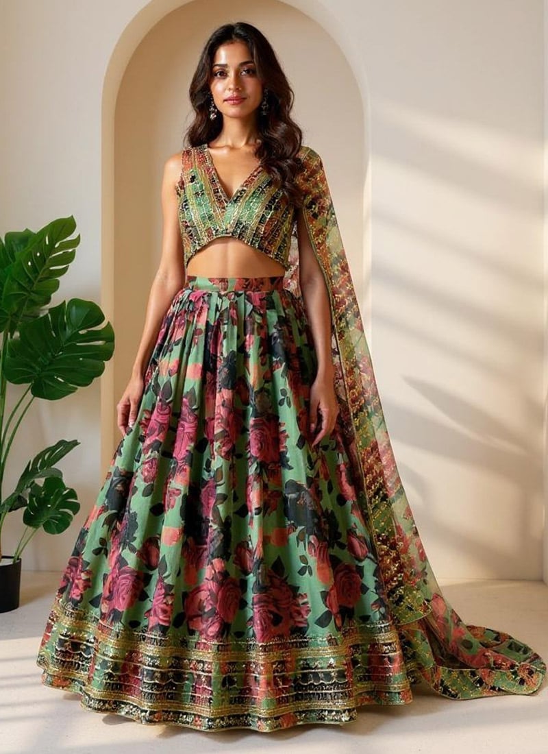 Green Tabby Organza Digital Print Sequins Umbrella Lehenga Wedding Wear